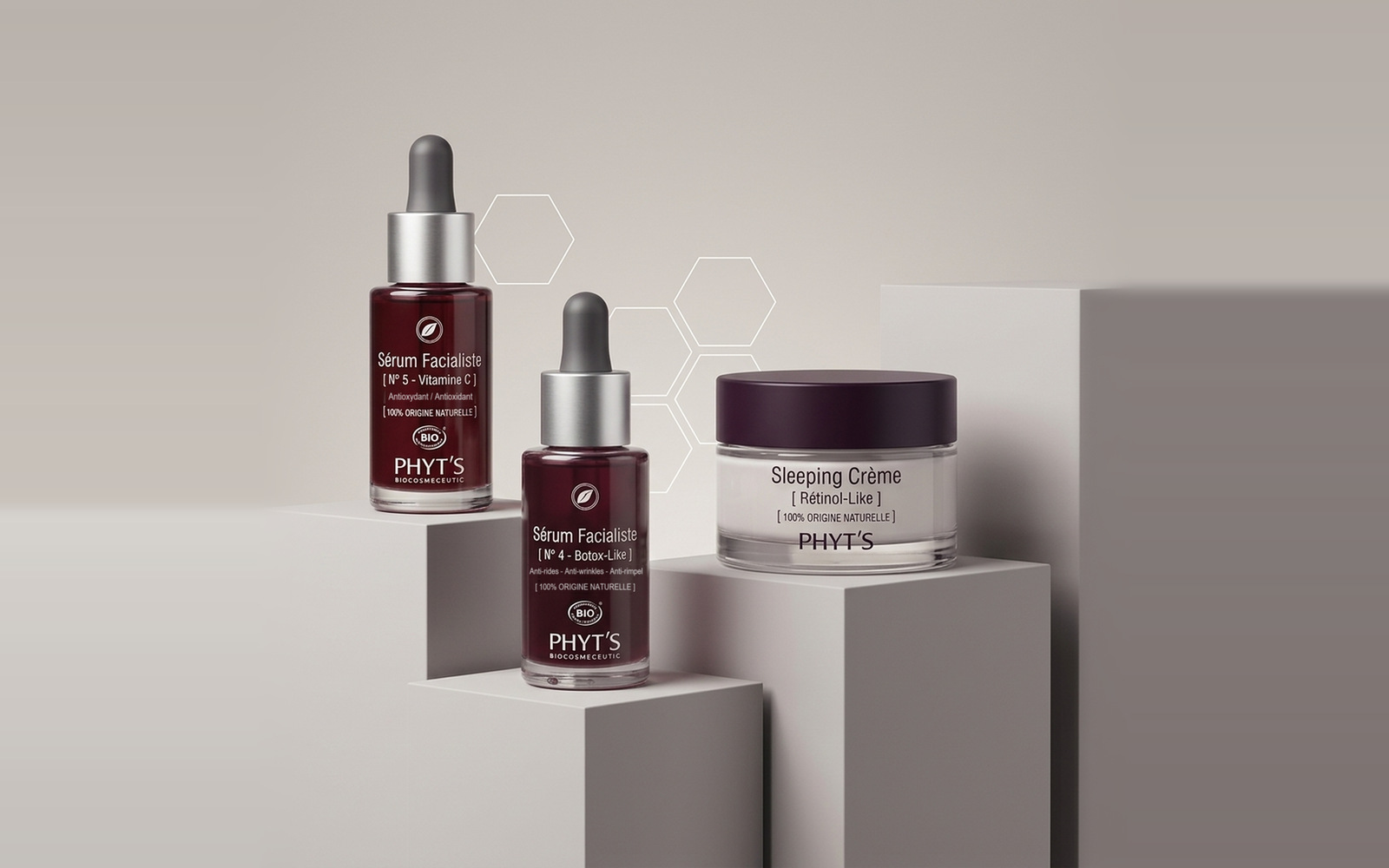 Лінія PHYT'S Biocosmeceutique: Sérum Facialiste N°5 Vitamine C, Sérum Facialiste N°4 Botox-Like та Sleeping Crème Rétinol-Like